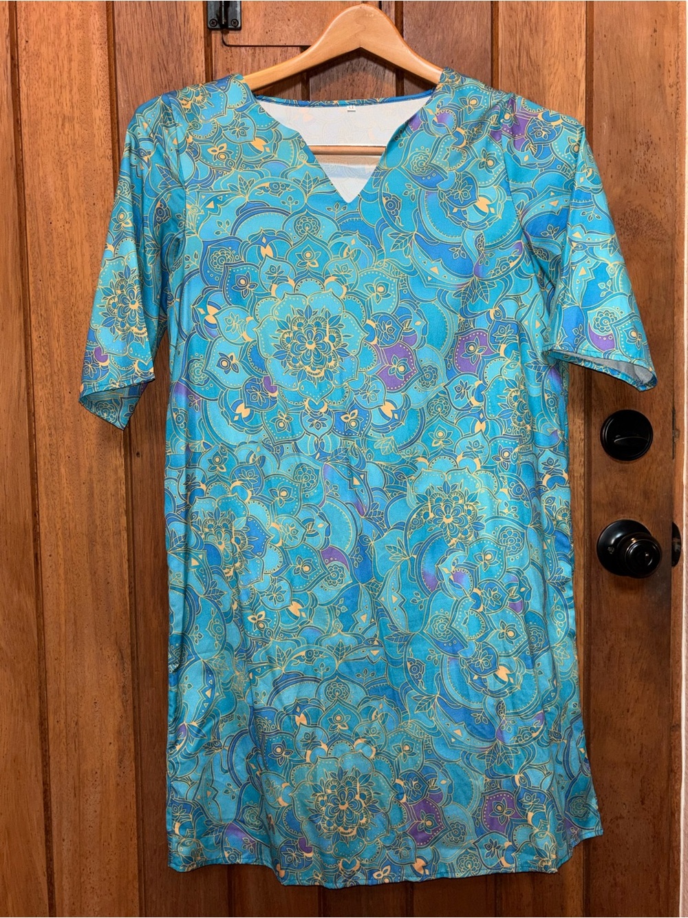 Women's Teal Patterned V-Neck Shirt Dress